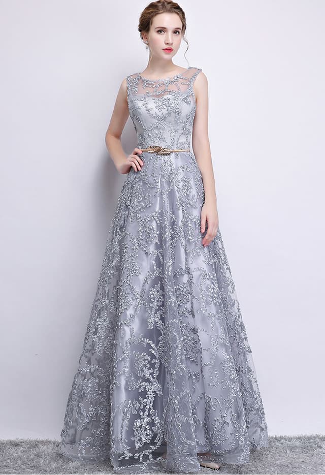 Elegant Banquet Silver Champagne Lace Sleeveless Floor-length Long Party Formal Gown
