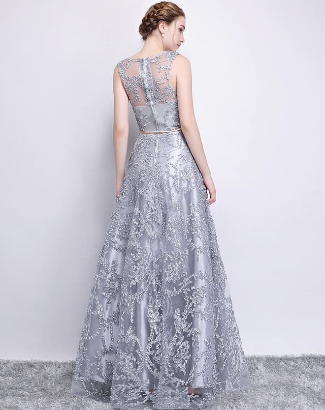Elegant Banquet Silver Champagne Lace Sleeveless Floor-length Long Party Formal Gown