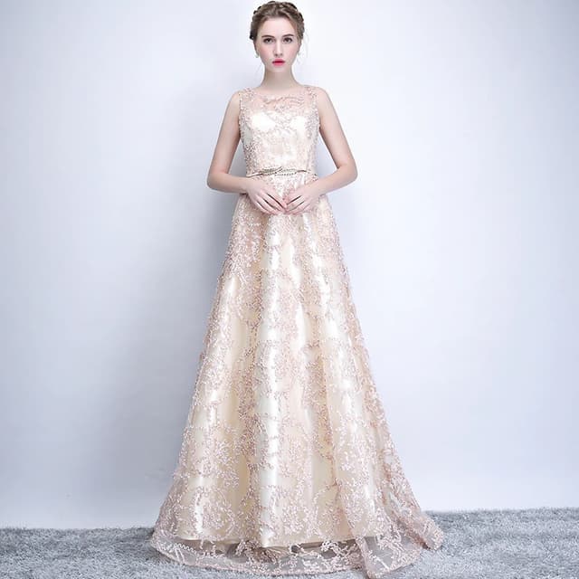 Elegant Banquet Silver Champagne Lace Sleeveless Floor-length Long Party Formal Gown