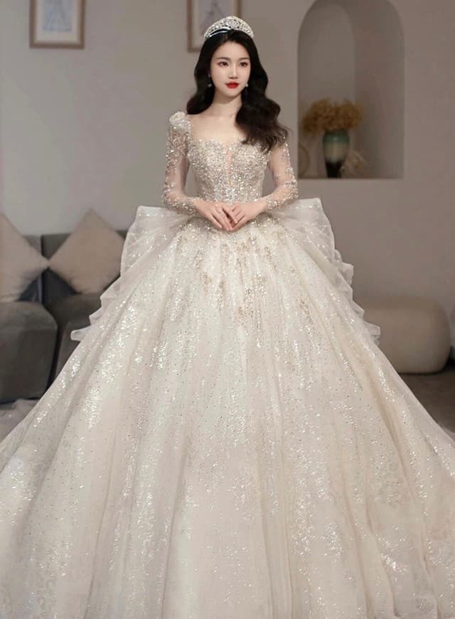 Wedtire Wedding Dress Small Train With Bow Luxury Long Sleeve Lace Handmade Mermaid Style No. Startled Deer