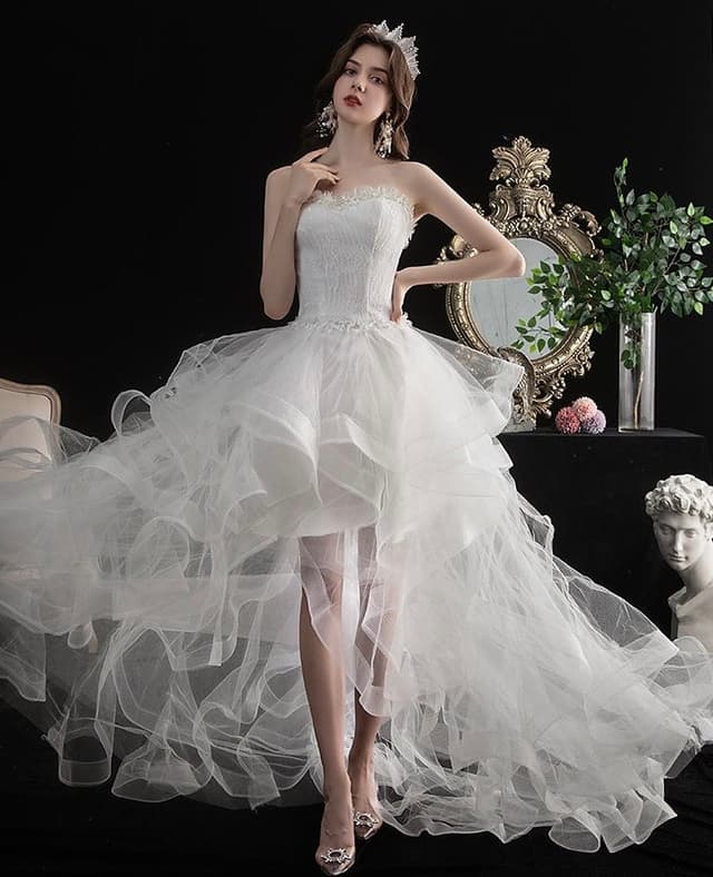 New Front Short Long Back Strapless Wedding Dress Sweet Bride Dress With Train Custom Made Wedding Gown