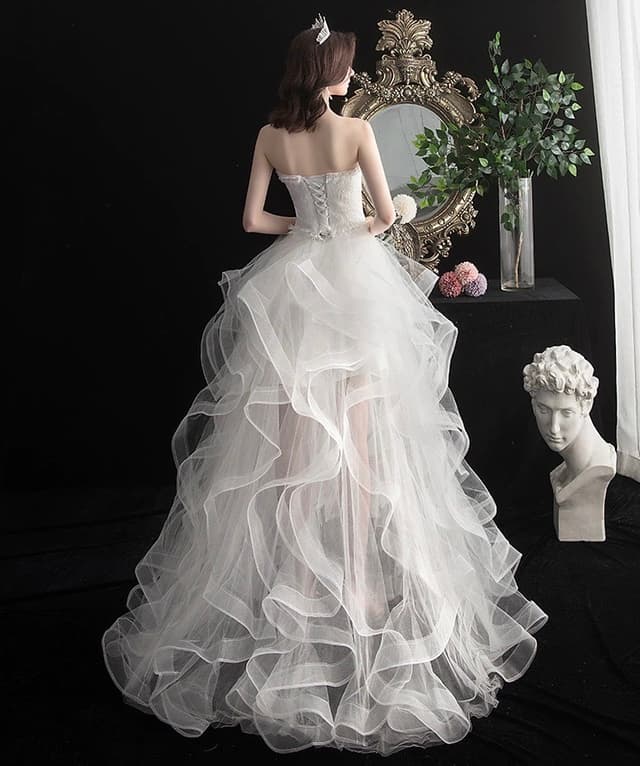 New Front Short Long Back Strapless Wedding Dress Sweet Bride Dress With Train Custom Made Wedding Gown