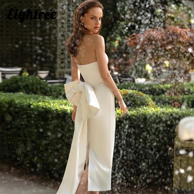 Eightree White Wedding Dresses Strapless Split Bridal Dress With Bow Sexy Tea-Length Sleeveless Satin Wedding Gowns