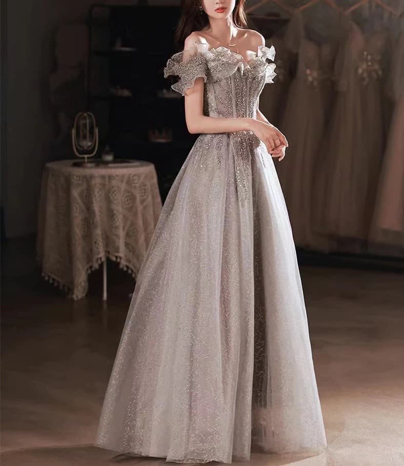 Elegant Gray Flowers Evening dress Off Shoulder Shiny Sequin Lace A-line Ruched Lace up Woman Formal Party Prom Gowns
