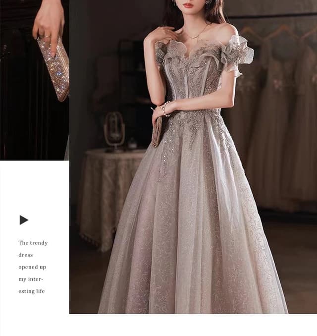 Elegant Gray Flowers Evening dress Off Shoulder Shiny Sequin Lace A-line Ruched Lace up Woman Formal Party Prom Gowns