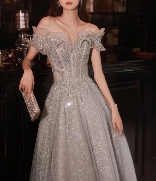 Elegant Gray Flowers Evening dress Off Shoulder Shiny Sequin Lace A-line Ruched Lace up Woman Formal Party Prom Gowns