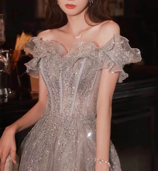 Elegant Gray Flowers Evening dress Off Shoulder Shiny Sequin Lace A-line Ruched Lace up Woman Formal Party Prom Gowns