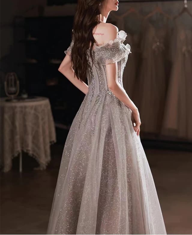 Elegant Gray Flowers Evening dress Off Shoulder Shiny Sequin Lace A-line Ruched Lace up Woman Formal Party Prom Gowns