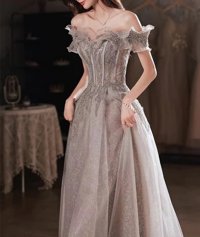 Elegant Gray Flowers Evening dress Off Shoulder Shiny Sequin Lace A-line Ruched Lace up Woman Formal Party Prom Gowns