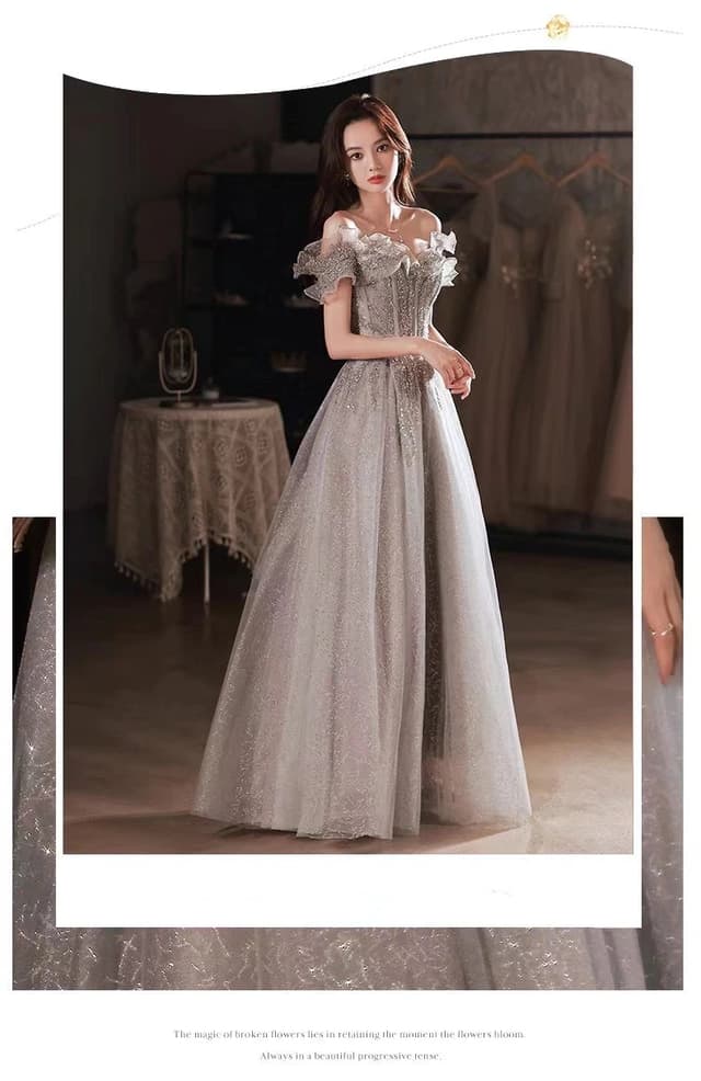 Elegant Gray Flowers Evening dress Off Shoulder Shiny Sequin Lace A-line Ruched Lace up Woman Formal Party Prom Gowns
