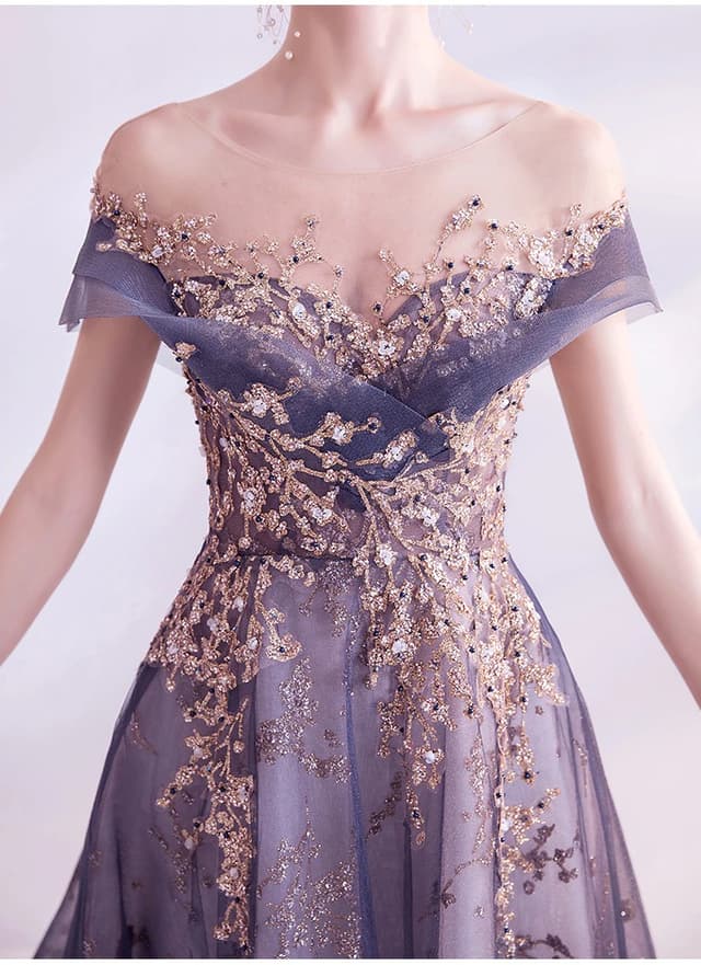 Luxury Party Prom Formal Evening Dress Court Train A-line Sexy Illusion Evening Dress