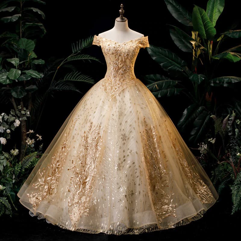 Gold Quinceanera Dress Off The Shoulder Party Prom Dress Ball Gown Vintage Lace Quinceanera Gown