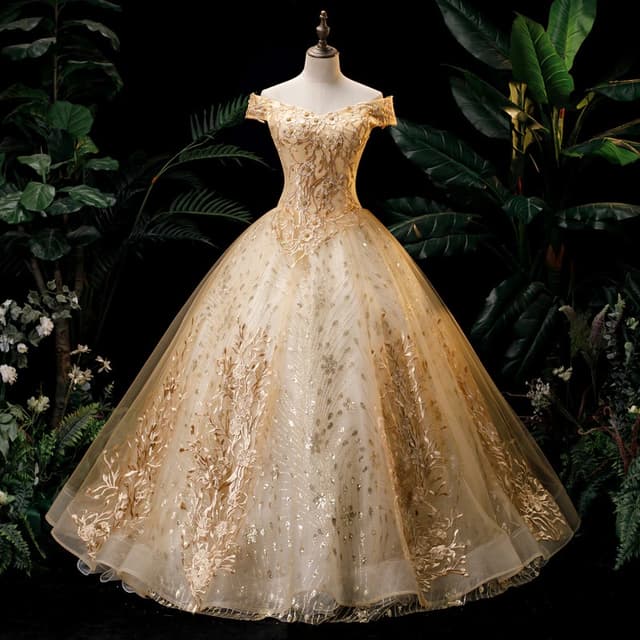 Gold Quinceanera Dress Off The Shoulder Party Prom Dress Ball Gown Vintage Lace Quinceanera Gown
