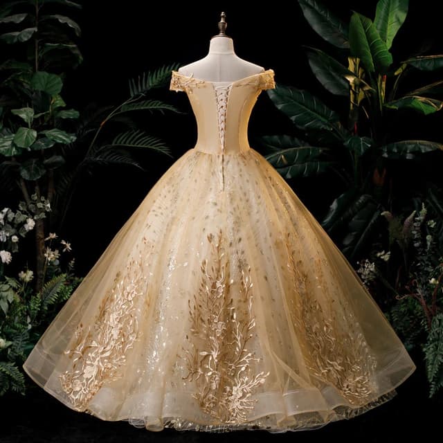 Gold Quinceanera Dress Off The Shoulder Party Prom Dress Ball Gown Vintage Lace Quinceanera Gown