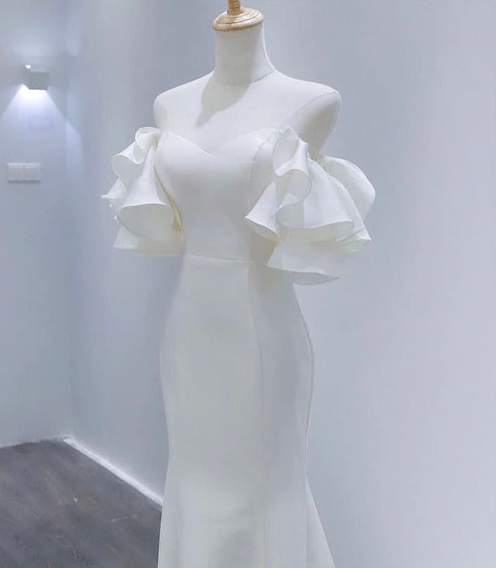 Puff Sleeve Light Satin Wedding Dress New Boho Mermai Wedding Dress Strapless