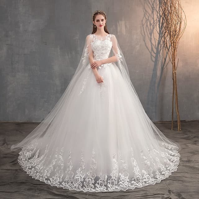 New Wedding Dress With Long Cap Lace Wedding Gown With Long Train Embroidery Princess Plus Szie Bridal Dress