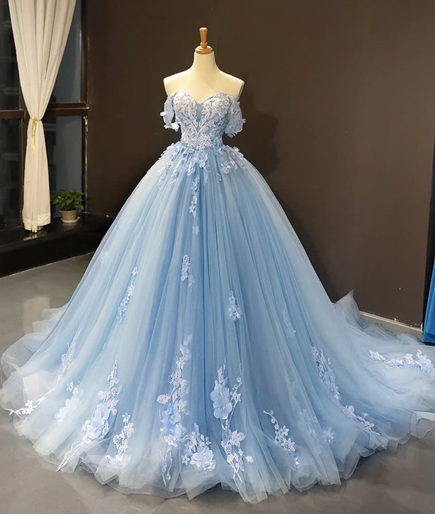 Blue Quinceanera Dresses Off The Shoulder Princess Prom Dress Lace Appliques Ball Gown With Small Train