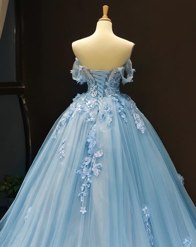 Blue Quinceanera Dresses Off The Shoulder Princess Prom Dress Lace Appliques Ball Gown With Small Train