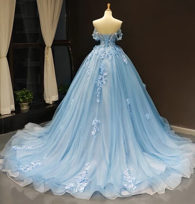 Blue Quinceanera Dresses Off The Shoulder Princess Prom Dress Lace Appliques Ball Gown With Small Train