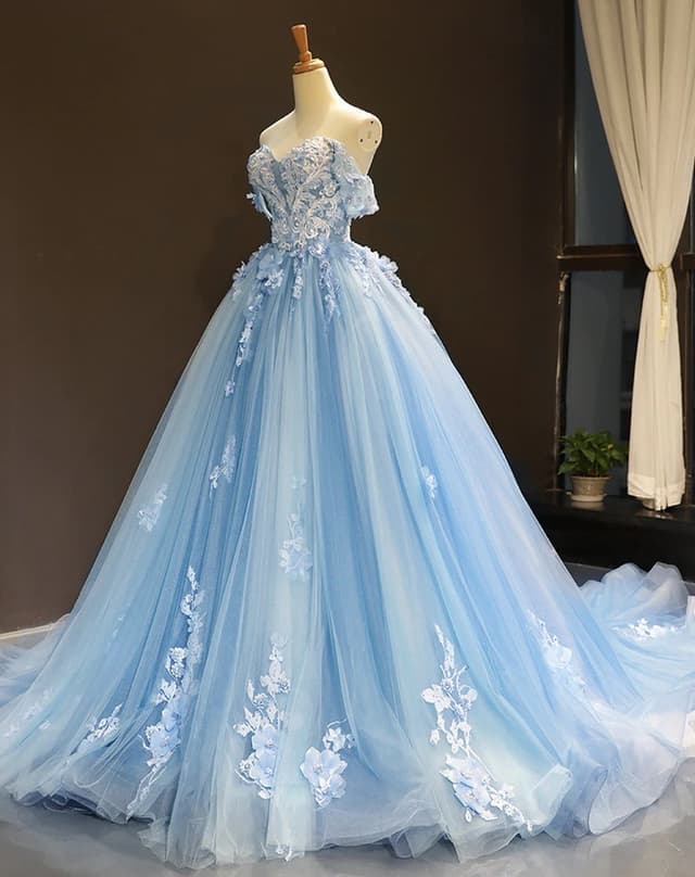 Blue Quinceanera Dresses Off The Shoulder Princess Prom Dress Lace Appliques Ball Gown With Small Train