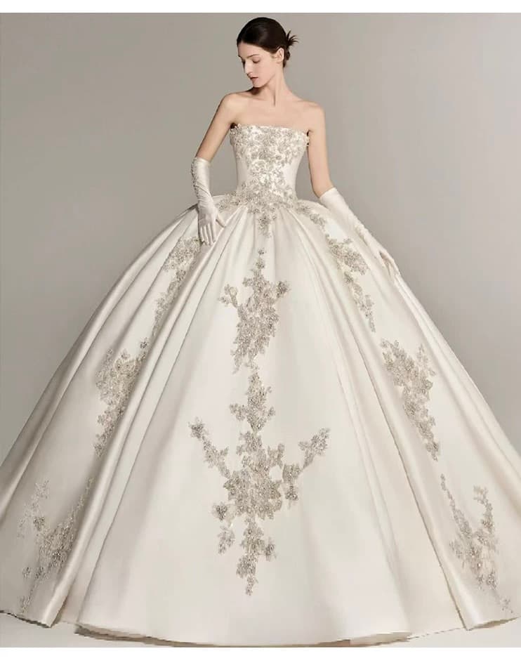 Satin Strapless Wedding Gown French-Inspired Intricately Crafted Premium Texture Elegant Train and Minimalist Design