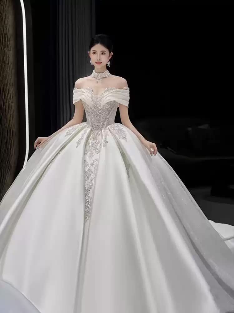 Satin Bridal Gown Off Shoulder Intricately Detailed Premium Texture Long Train