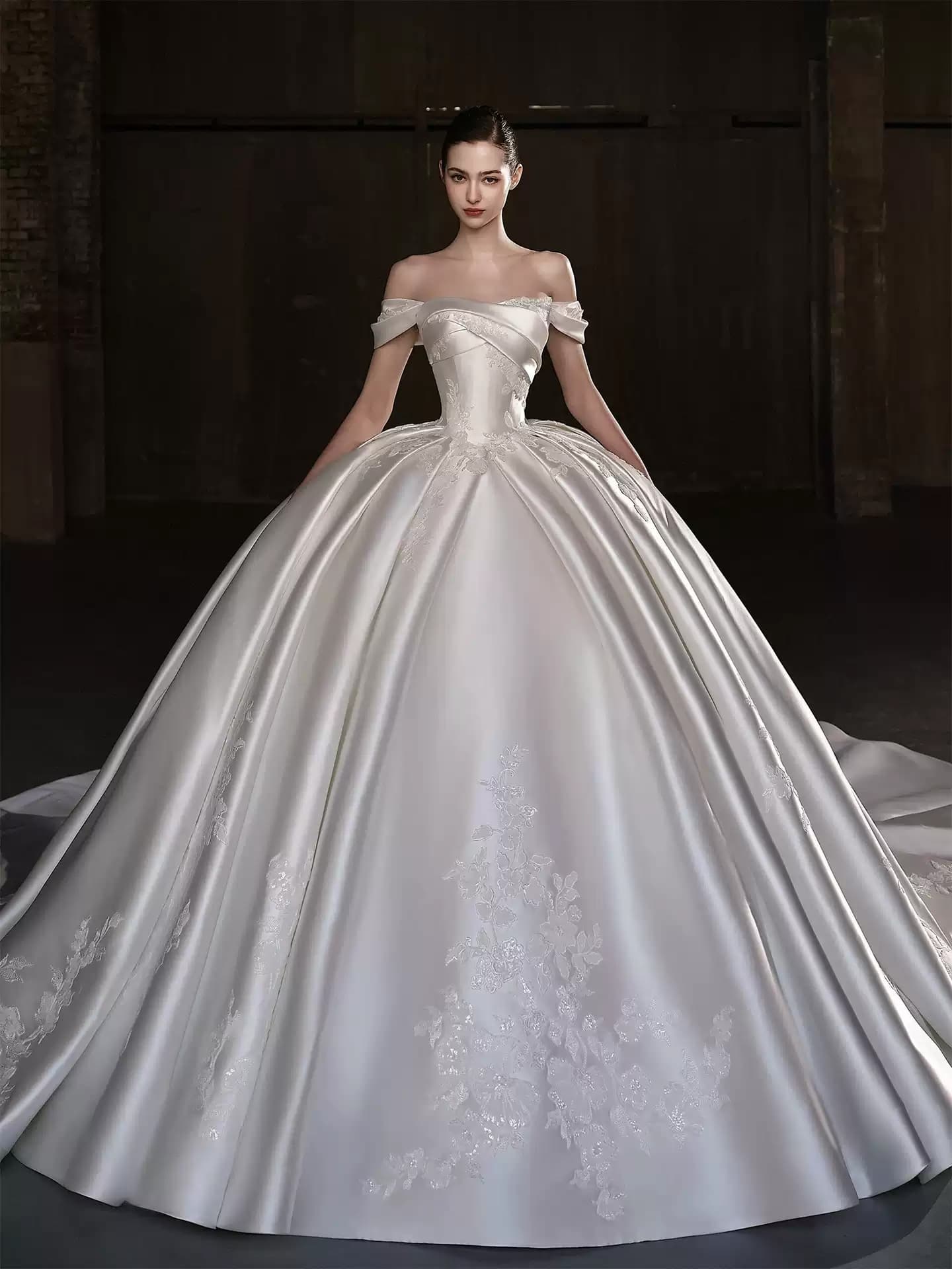 Off-Shoulder Bridal Gown Minimalist Vintage Satin with a Luxe Feel and Train