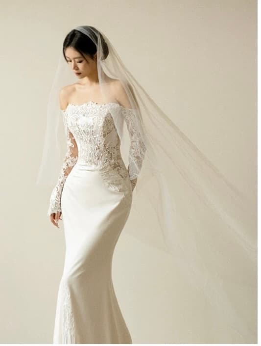 Light Wedding Dress Sophisticated and Minimalist Off-Shoulder Gown Long-Sleeve Lace and Ethereal Satin