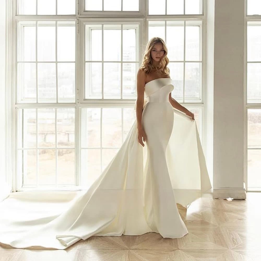 Satin Mermaid Wedding Dress with Detachable Train Strapless Simple Brautkleid Bow Back