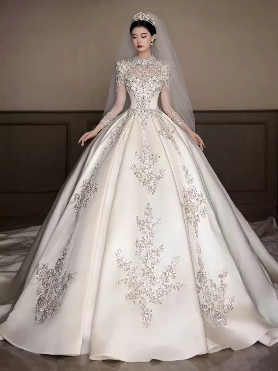 Long-Sleeve Cutout Bridal Gown White Satin Intricate Embellishment High-End Texture Chapel Train