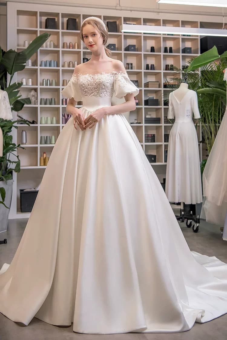 Daylight Radiance Satin Main Wedding Gown Off-the-Shoulder French Elegance Sophisticated Style