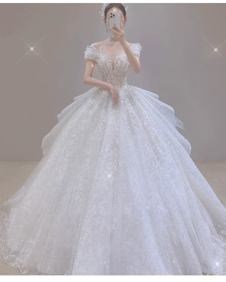 Off-the-Shoulder Vintage-Inspired Intricately Crafted and Luxuriously High-End Bridal Gown