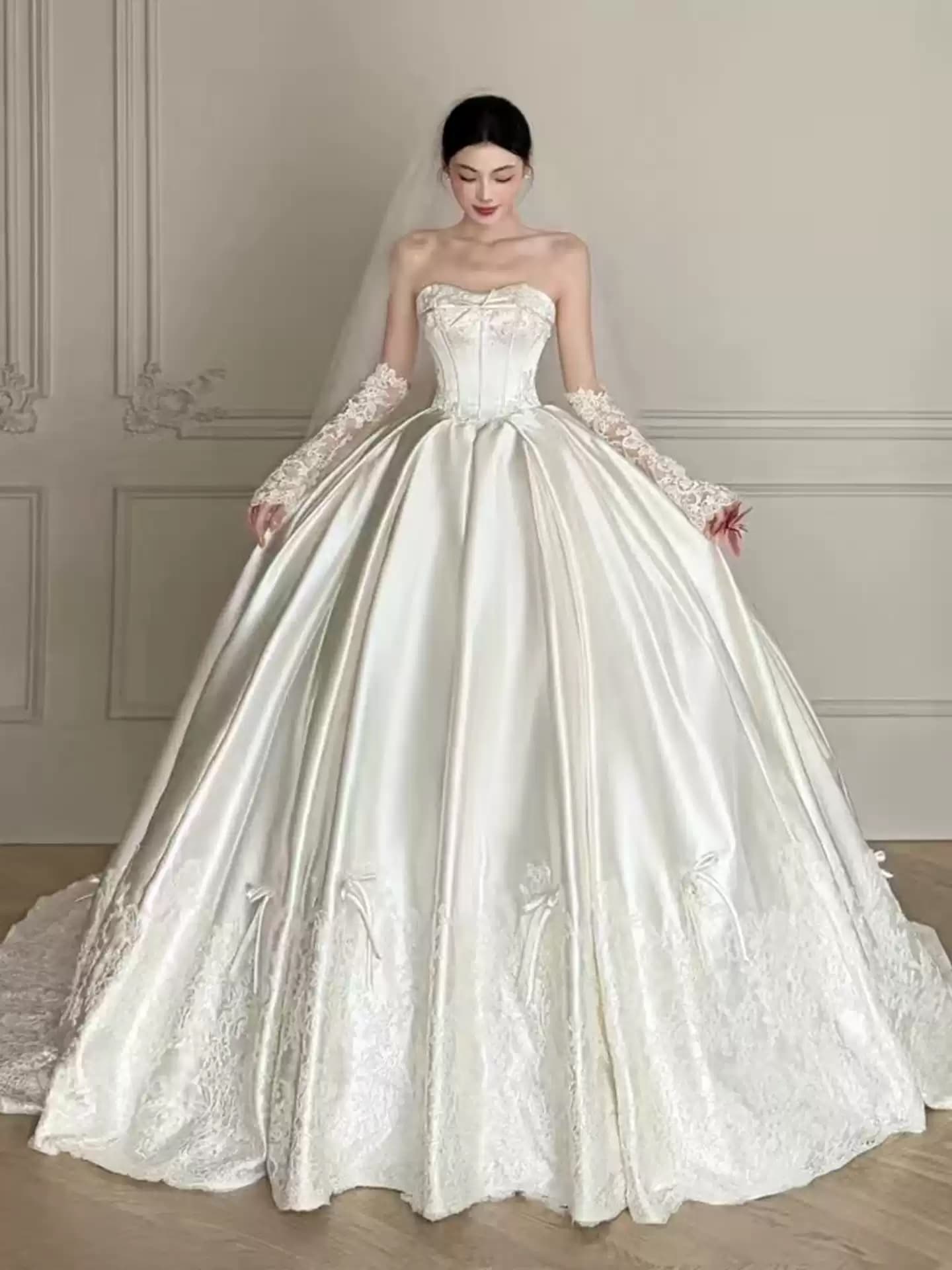 Lightweight Wedding Dress Strapless Satin Premium Quality Haute Couture-Inspired with a Subtle Train